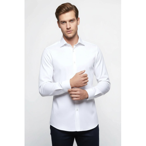 Cotton Satin Plain Slim Fit White Men Shirt