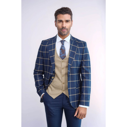 Checked Patterned Slim Fit Navy Blue Men Suit – Chadrobe