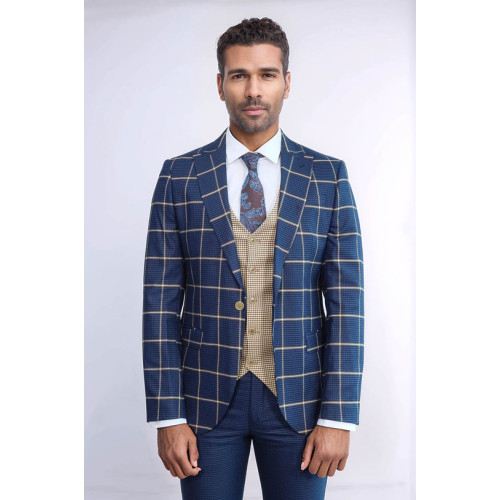 Checked Patterned Slim Fit Navy Blue Men Suit – Chadrobe