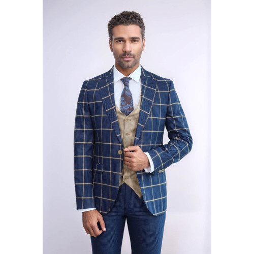 Checked Patterned Slim Fit Navy Blue Men Suit – Chadrobe