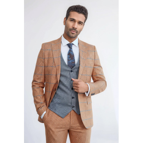Checked Patterned Slim Fit Orange Men’s Suit with Light Blue Vest – Chadrobe