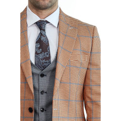 Checked Patterned Slim Fit Orange Men’s Suit with Light Blue Vest – Chadrobe