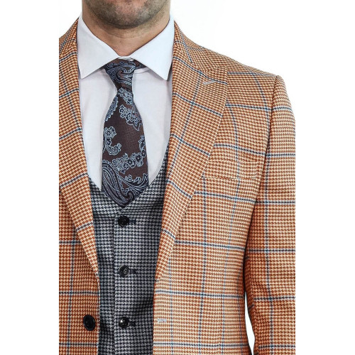 Checked Patterned Slim Fit Orange Men’s Suit with Light Blue Vest – Chadrobe
