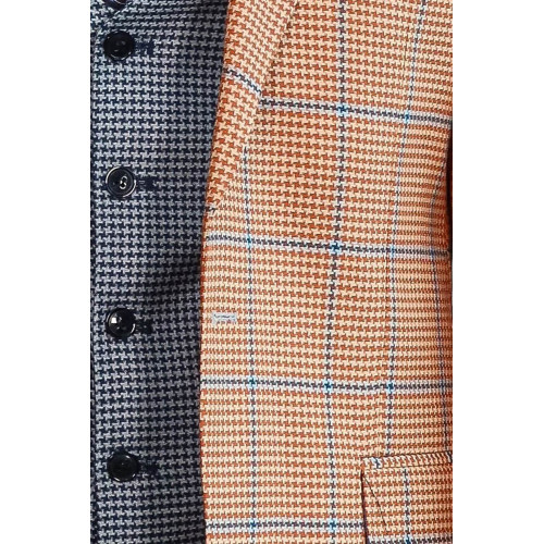 Checked Patterned Slim Fit Orange Men’s Suit with Light Blue Vest – Chadrobe