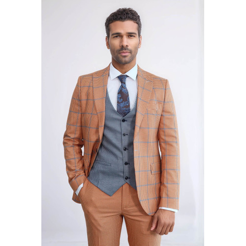 Checked Patterned Slim Fit Orange Men’s Suit with Light Blue Vest – Chadrobe