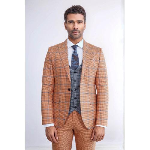 Checked Patterned Slim Fit Orange Men’s Suit with Light Blue Vest – Chadrobe