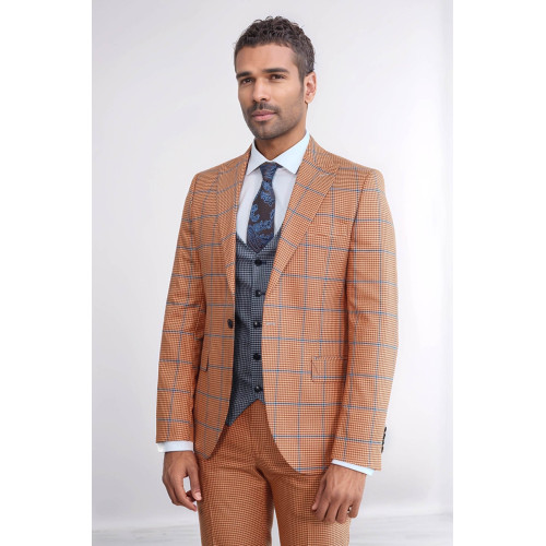 Checked Patterned Slim Fit Orange Men’s Suit with Light Blue Vest – Chadrobe