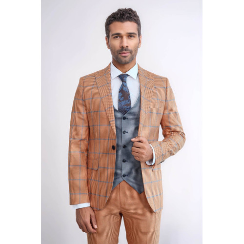 Checked Patterned Slim Fit Orange Men’s Suit with Light Blue Vest – Chadrobe