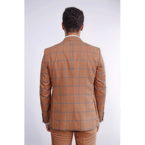 Checked Patterned Slim Fit Orange Men’s Suit with Light Blue Vest – Chadrobe