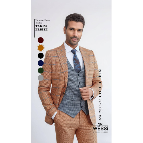 Checked Patterned Slim Fit Orange Men’s Suit with Light Blue Vest – Chadrobe