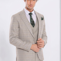 Checked Slim Fit Cream Men Suit - Chadrobe