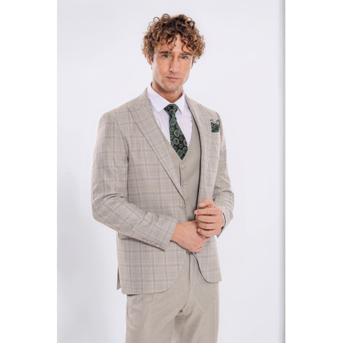 Checked Slim Fit Cream Men Suit - Chadrobe