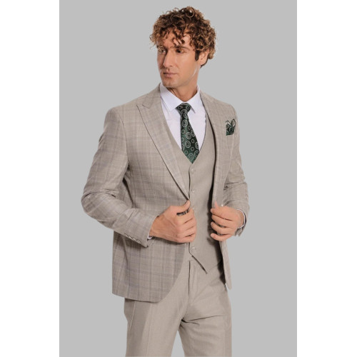 Checked Slim Fit Cream Men Suit - Chadrobe