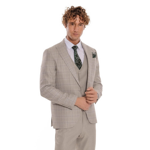 Checked Slim Fit Cream Men Suit - Chadrobe