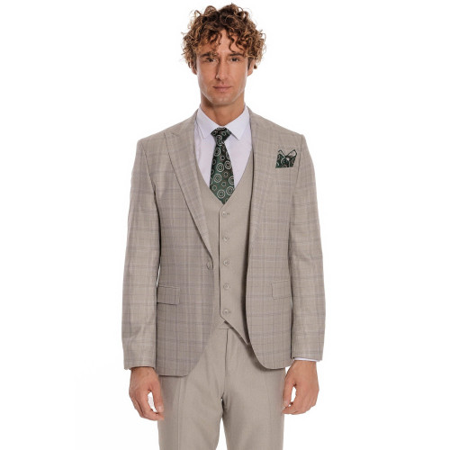 Checked Slim Fit Cream Men Suit - Chadrobe