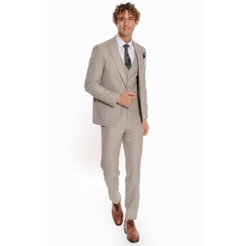 Checked Slim Fit Cream Men Suit - Chadrobe