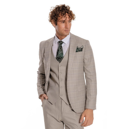 Checked Slim Fit Cream Men Suit - Chadrobe