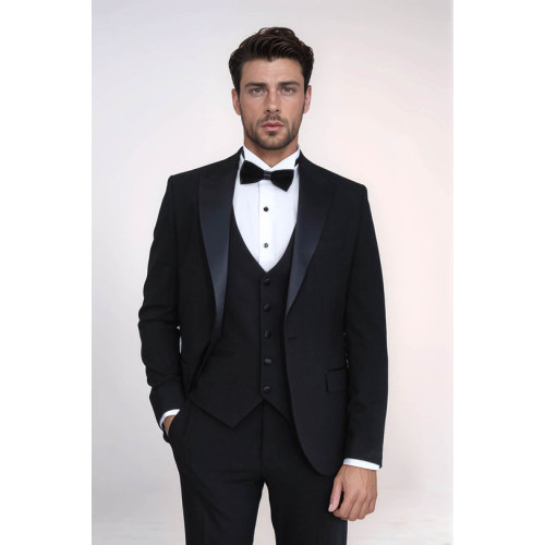 Classic Black Tuxedo Suit with Satin Peak Lapel and Waistcoat – Chadrobe