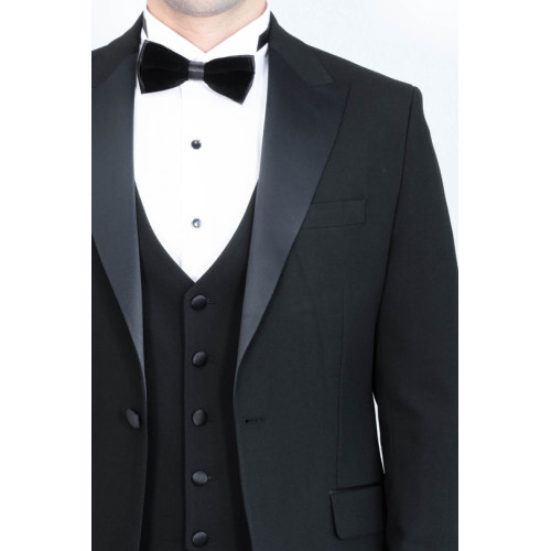 Classic Black Tuxedo Suit with Satin Peak Lapel and Waistcoat – Chadrobe