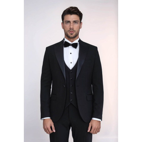 Classic Black Tuxedo Suit with Satin Peak Lapel and Waistcoat – Chadrobe