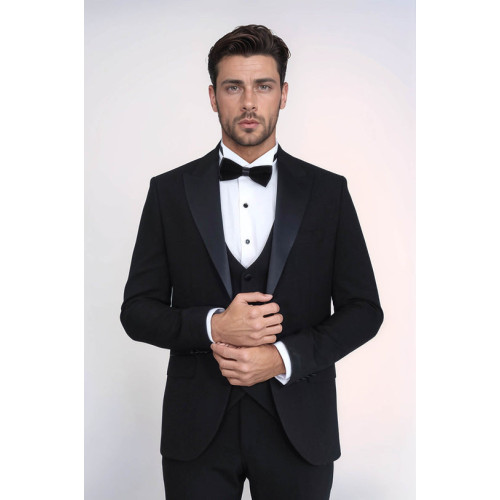Classic Black Tuxedo Suit with Satin Peak Lapel and Waistcoat – Chadrobe