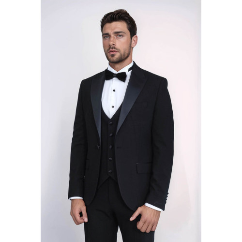 Classic Black Tuxedo Suit with Satin Peak Lapel and Waistcoat – Chadrobe