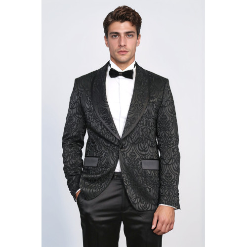 Damask Patterned Shawl Collar Black Tuxedo - Chadrobe