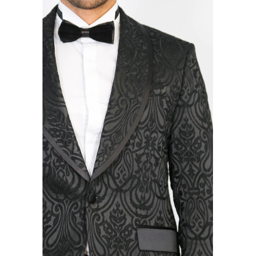 Damask Patterned Shawl Collar Black Tuxedo - Chadrobe