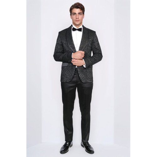 Damask Patterned Shawl Collar Black Tuxedo - Chadrobe