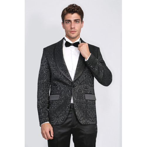 Damask Patterned Shawl Collar Black Tuxedo - Chadrobe