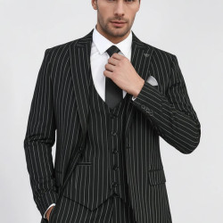 Striped Single Button with Vested Black Men’s Suit – Chadrobe