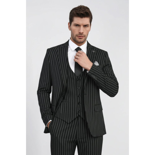 Striped Single Button with Vested Black Men’s Suit – Chadrobe