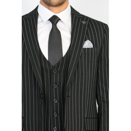 Striped Single Button with Vested Black Men’s Suit – Chadrobe