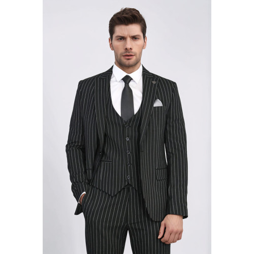 Striped Single Button with Vested Black Men’s Suit – Chadrobe