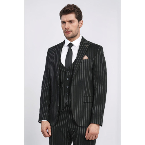 Striped Single Button with Vested Black Men’s Suit – Chadrobe