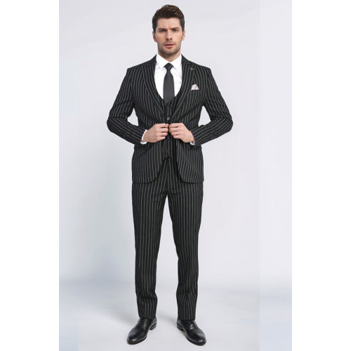 Striped Single Button with Vested Black Men’s Suit – Chadrobe