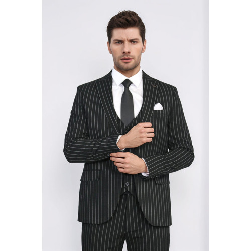 Striped Single Button with Vested Black Men’s Suit – Chadrobe