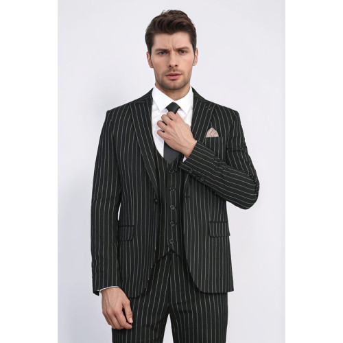 Striped Single Button with Vested Black Men’s Suit – Chadrobe