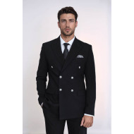 Modern Fit Double-Breasted Black Men’s Suit with Silver-Tone Metal Buttons – Chadrobe