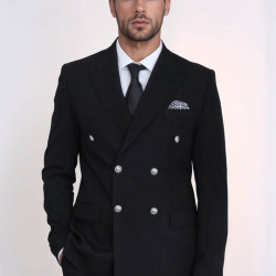 Modern Fit Double-Breasted Black Men’s Suit with Silver-Tone Metal Buttons – Chadrobe