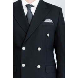 Modern Fit Double-Breasted Black Men’s Suit with Silver-Tone Metal Buttons – Chadrobe