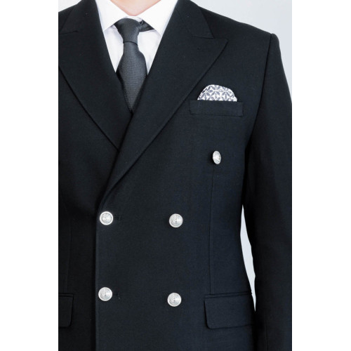 Modern Fit Double-Breasted Black Men’s Suit with Silver-Tone Metal Buttons – Chadrobe