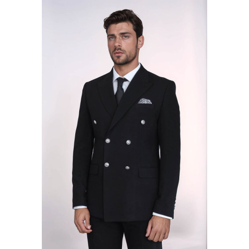 Modern Fit Double-Breasted Black Men’s Suit with Silver-Tone Metal Buttons – Chadrobe