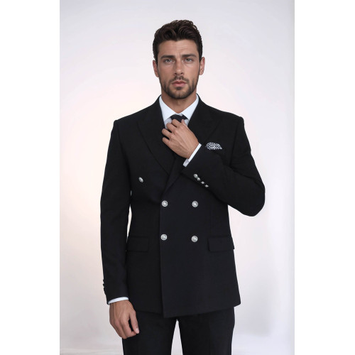 Modern Fit Double-Breasted Black Men’s Suit with Silver-Tone Metal Buttons – Chadrobe