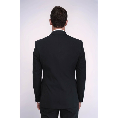 Modern Fit Double-Breasted Black Men’s Suit with Silver-Tone Metal Buttons – Chadrobe