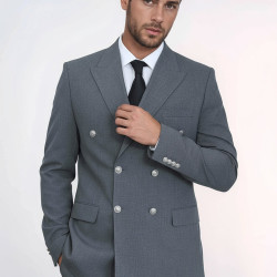 Modern Fit Double-Breasted Grey Men’s Suit with Silver-Tone Metal Buttons - Chadrobe