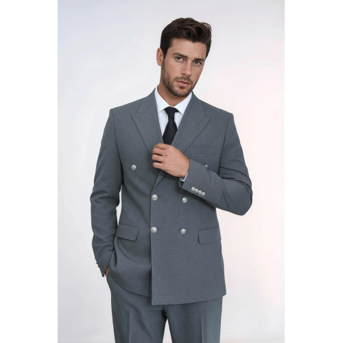 Modern Fit Double-Breasted Grey Men’s Suit with Silver-Tone Metal Buttons - Chadrobe