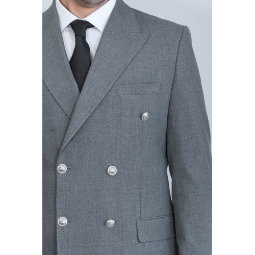 Modern Fit Double-Breasted Grey Men’s Suit with Silver-Tone Metal Buttons - Chadrobe