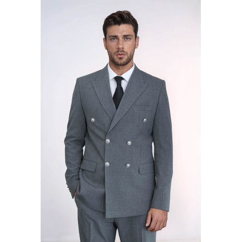 Modern Fit Double-Breasted Grey Men’s Suit with Silver-Tone Metal Buttons - Chadrobe