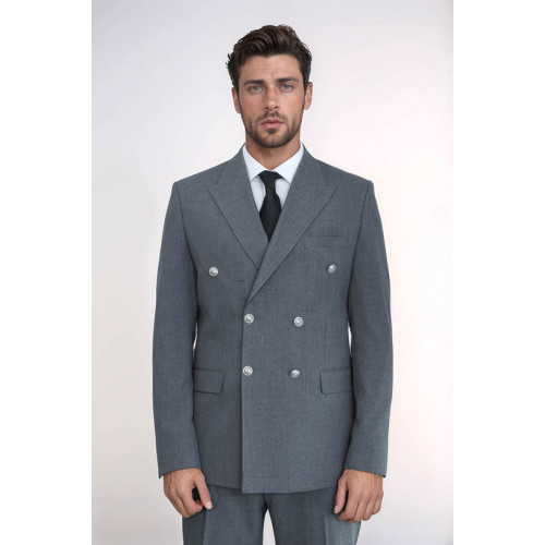 Modern Fit Double-Breasted Grey Men’s Suit with Silver-Tone Metal Buttons - Chadrobe
